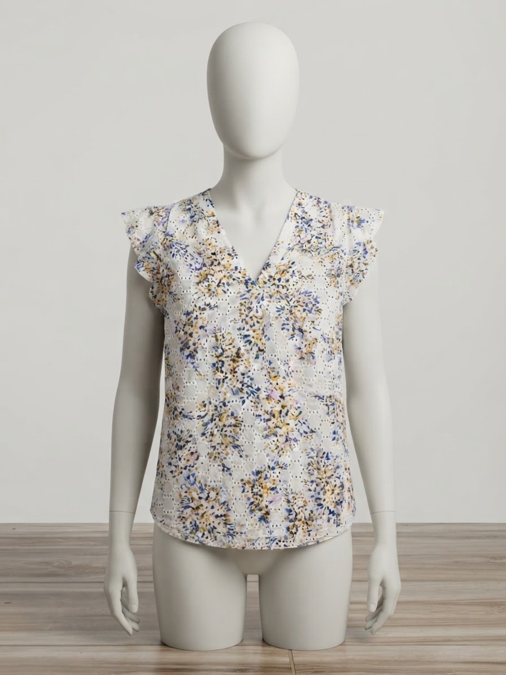 CeCe White Floral Eyelet V-Neck Ruffle Sleeve Top